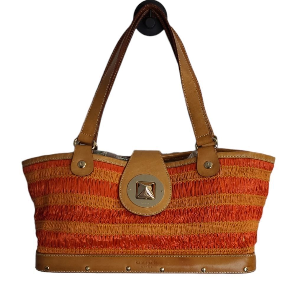 KATE SPADE orange sherbet leather‎ trim raffia wood bottom shoulder bag purse